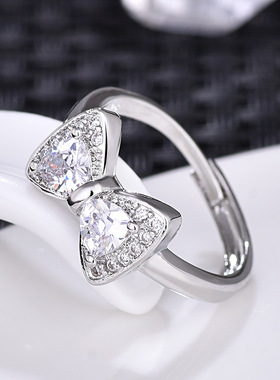 纯银镀白金时尚指环2022新款日韩风新甜美气质款镶钻蝴蝶结戒指女