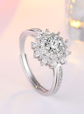 s925镀银新款创意莫桑石雪花戒指女欧美结婚钻戒开口调节女士指环