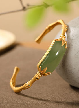 民族风S925银镀金镶嵌天然和田玉烟紫竹节竹叶中国风复古女款手镯