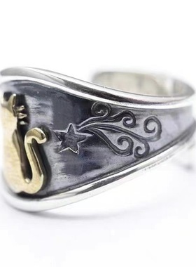 复古猫咪戒指男女款简约高级感猫星人食指戒时尚百搭冷淡风开口戒