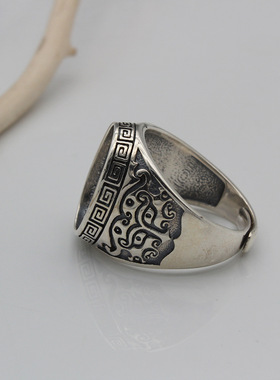 泰银兽面戒托饕餮回字纹男复古戒指托12*16 戒指空托男潮百搭