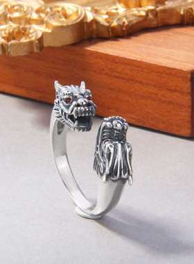 泰银双头龙戒指男士复古做旧个性百搭立体龙头开口可调节指环
