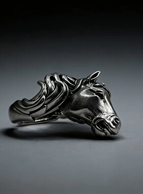 泰银高级感马头戒指男立体雕刻小众复古开口霸气生肖马指环