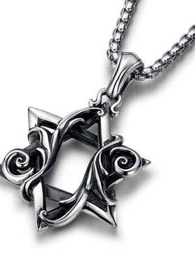 千叶泰银复古立体卷草纹六芒星男士项链高级感毛衣链挂饰原创设计