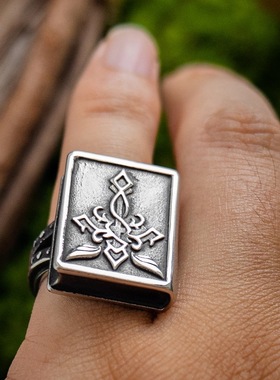 泰银”“秘境”暗黑系哥特魔法书造型复古印章戒指女尾戒摇滚