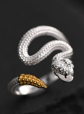 福美祥泰银灵蛇戒指男女款时尚小众设计蛇形生肖蛇指环开口可调节