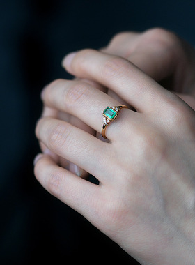 简约【魂牵梦绕】铜镀18k玫瑰金金天然祖母绿锆石戒指女开口