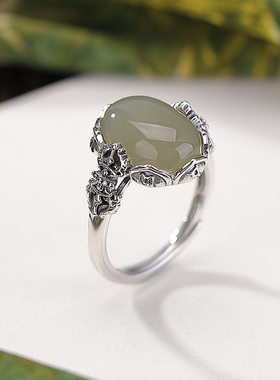 民族风泰银和田玉晴水玉蜜蜡金刚杵复古做旧个性蛋面戒指指环