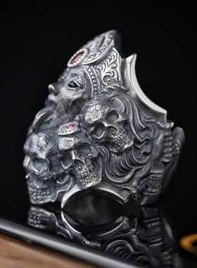 泰银卡里女神戒指复古战斗女神男戒朋克个性夸张骷髅开口戒指