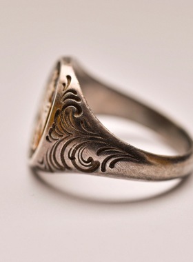 千叶原创设计泰银唐草复古手工金雷鸟印章尾戒男潮复古开口戒指