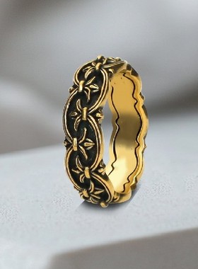 泰银潮牌黑金鸢尾花戒指指环复古做旧开口可调节男女百搭指环