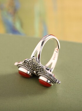 泰银双珠映雪南红戒指复古印度西藏尼泊尔风格开口女士食指戒