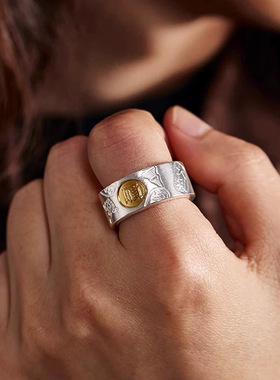 平安顺遂戒指男个性冷淡风吉言食指戒时尚百搭高级感分金开口指环