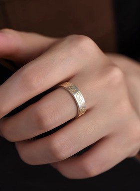 描金吉言纳福戒指女简约民族风平安喜乐食指戒男潮时尚猫咪指环