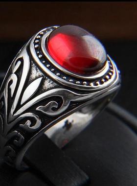 复古花纹戒指男潮个性嘻哈风石榴红食指戒时尚简约仿泰银开口指环