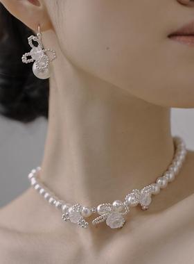 JINWAN《典礼》重工白水晶玫瑰编织短项链