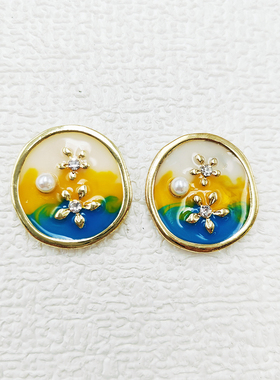 太阳花手工滴油耳环不规则油画感晕染耳钉复古文艺气质耳饰C087