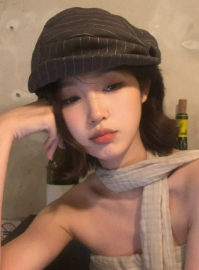 日系条纹亚麻报童帽女文艺显脸小