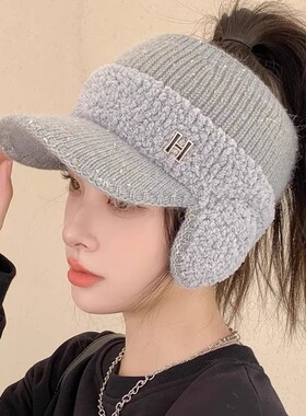 针织加绒鸭舌帽空顶可扎高马尾女