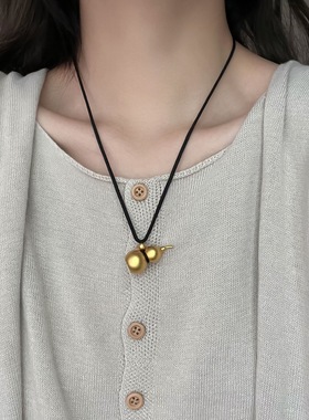 古法金色大葫芦吊坠新中式福禄葫芦项链手工编织绳可调节毛衣链子