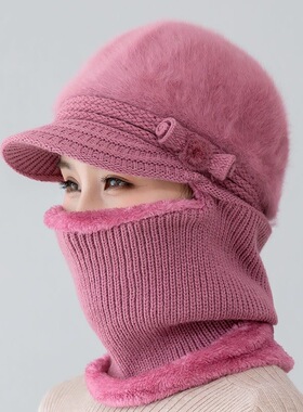 兔毛帽子女冬连体帽中老年人妈妈