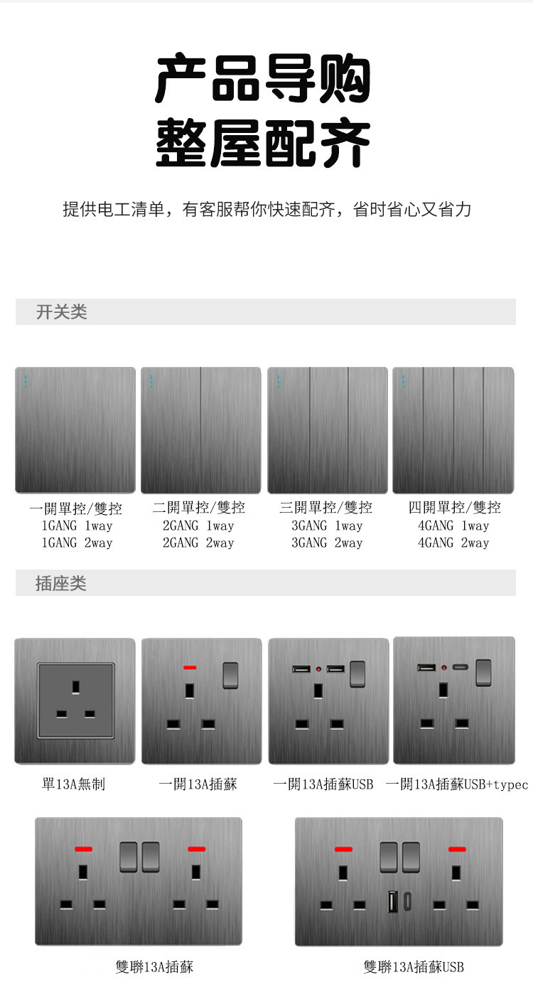 香港英标灰色拉丝英式usb13a插蘇typec暗装墙壁电掣開關插座面板-图0