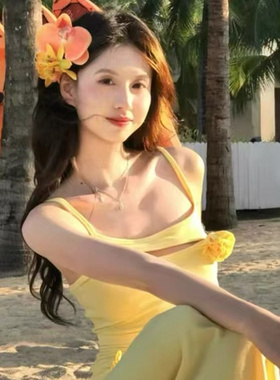 夏日橘黄色蝴蝶兰发夹女侧边仿真花朵发卡夹子度假风海边拍照发饰
