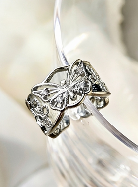 高级感缕空蝴蝶结花朵银色戒指女复古轻奢时尚气质百搭指环戒子