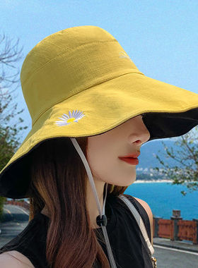 韩版双面小雏菊渔夫帽女夏天日系遮脸潮百搭遮阳大沿太阳防晒帽子