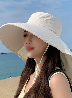 大帽檐防晒帽女夏季遮脸防紫外线披肩太阳帽户外骑车百搭马尾盆帽