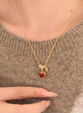 滴釉红色双面爱心项链女新款气质