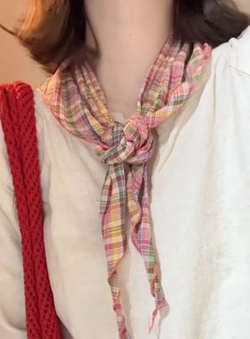 多巴胺彩虹田园风彩色格纹三角巾