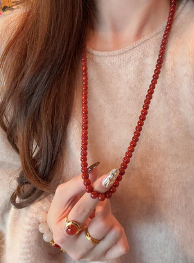 红色串珠项链女款复古精致高级感