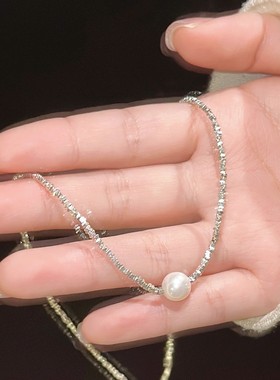 单颗珍珠碎银子女小众轻奢项链