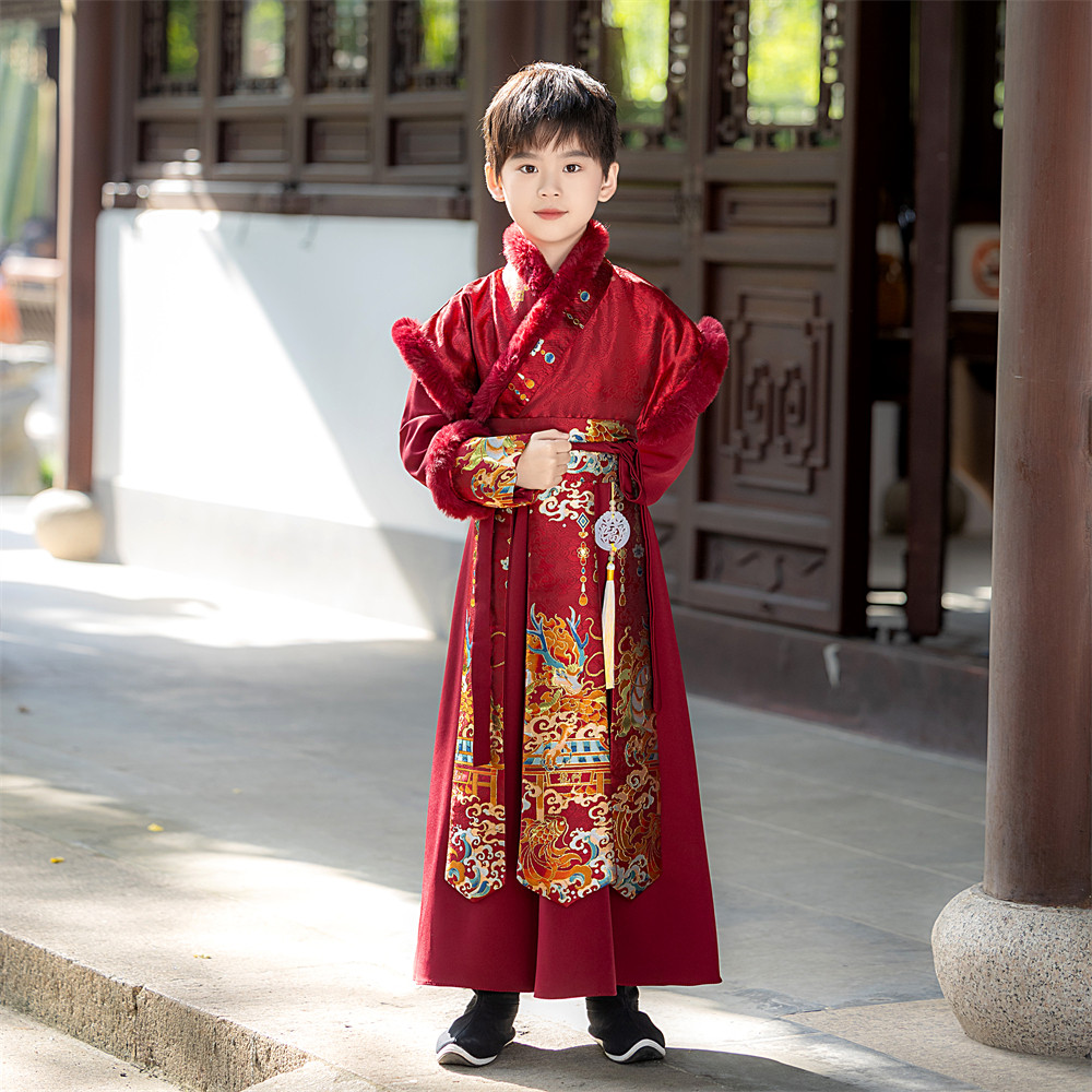 新款汉服男童拜年服中国风秋冬加厚加绒儿童古装酒红色过年冬季装,淘宝优惠券,粉丝福利购,淘宝优惠卷