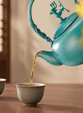 朱炳仁铜三星堆神鸟鸣春壶-青铜神鸟款茶壶煮茶器工艺品茶具摆件