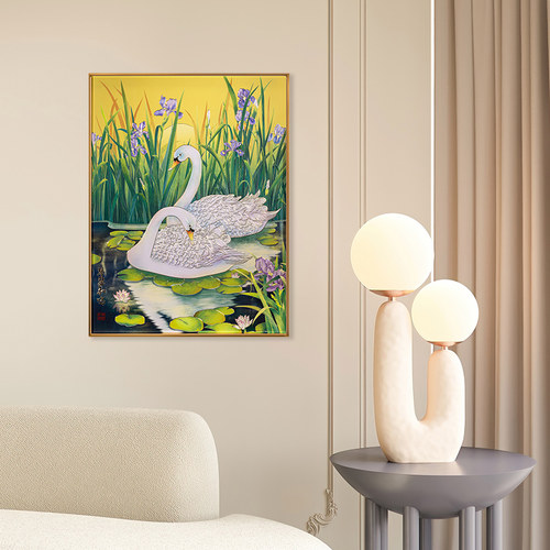 朱炳仁铜壁画 现代简约风卧室客厅沙发天鹅铜雕画装饰画琴瑟和鸣 - 图1