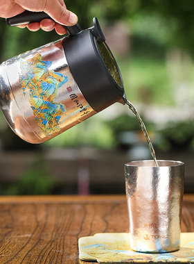 朱炳仁铜 千里江山闷茶壶套装钛杯钛壶泡茶随行旅行便捷茶杯