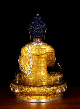 药师佛摆件铜古色鎏金鎏银摆设