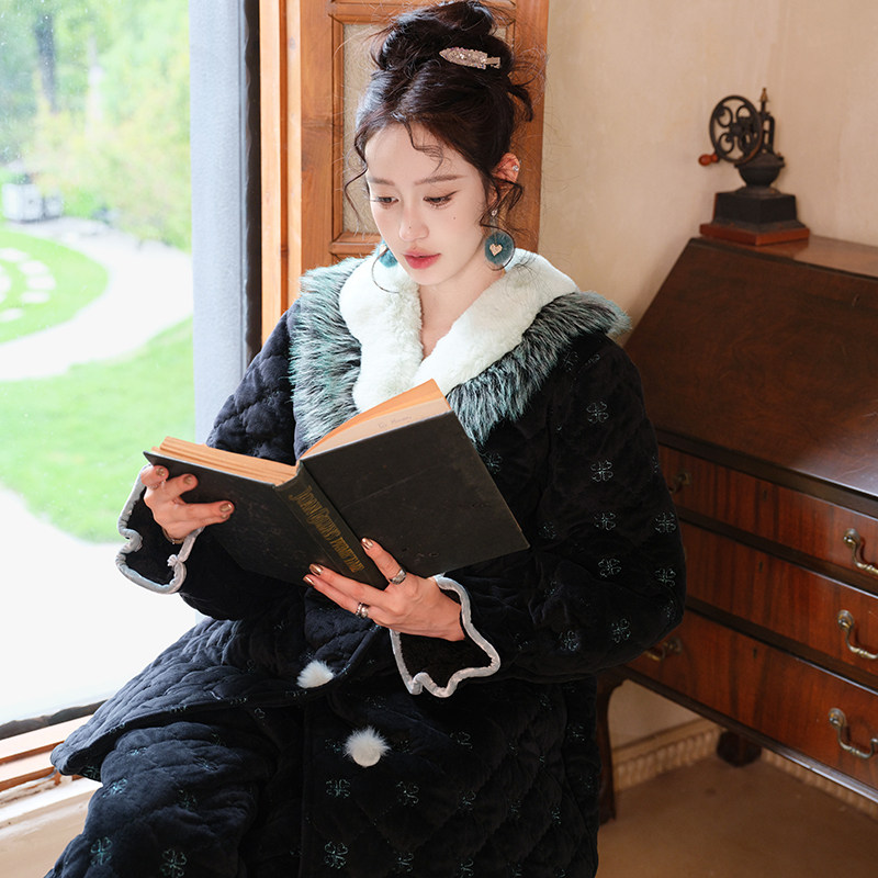 原创薄荷绿女刺绣三层加厚夹棉睡衣两件套宽松加绒家居服套装冬新,淘宝优惠券,粉丝福利购,淘宝优惠卷