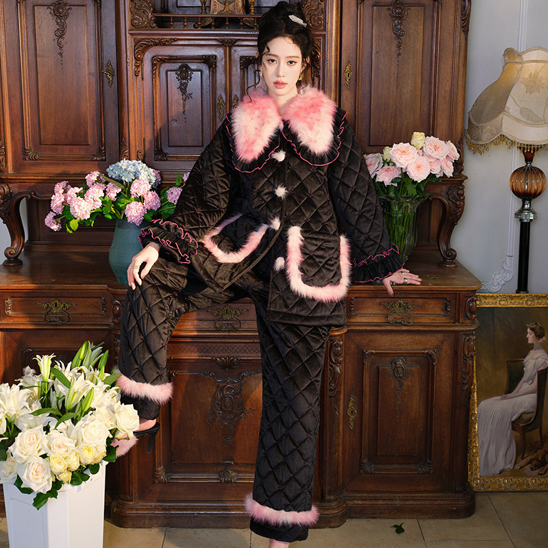 原创豹纹撞色三层加厚夹棉睡衣两件套宽松加绒加棉家居服套装冬新,淘宝优惠券,粉丝福利购,淘宝优惠卷