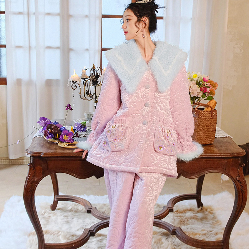 原创奢华丝绒刺绣三层加厚夹棉睡衣两件套宽松加绒家居服套装冬新,淘宝优惠券,粉丝福利购,淘宝优惠卷