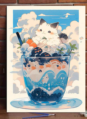 杯中萌宠diy数字油画治愈系手工丙烯画0基础涂色画填色挂画