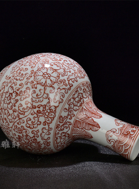 景德镇手绘仿古花瓶青花缠枝莲釉里红天球花瓶居家摆件装饰瓷复古