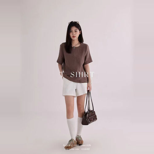 韩版 夏季新款全麻女装短袖 2463休闲百搭简约宽松透气亚麻女T恤 - 图2