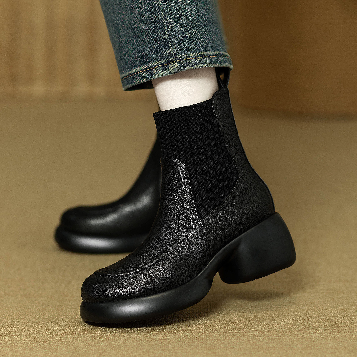 美拉德风真皮粗跟短靴女小个子厚底增高瘦瘦靴棕色法式复古马丁靴,淘宝优惠券,粉丝福利购,淘宝优惠卷