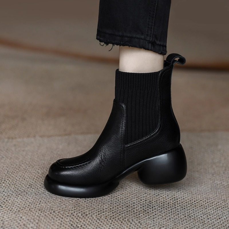 巨软法式复古真皮厚底粗跟短靴女不累脚毛线口瘦瘦靴拼接弹力袜靴,淘宝优惠券,粉丝福利购,淘宝优惠卷