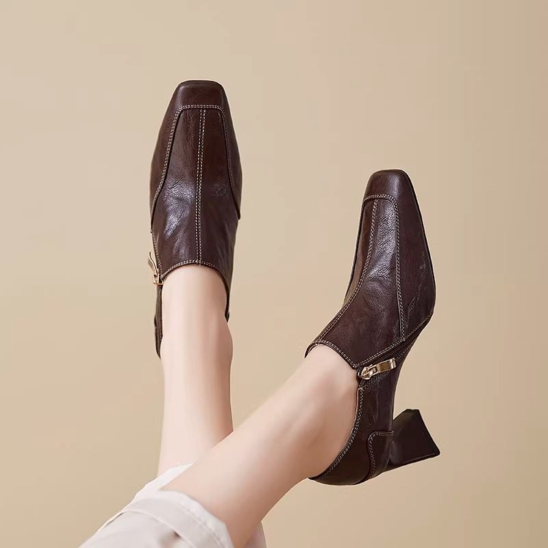 法式复古深口粗跟高跟鞋女2025新款侧拉链真皮方头单鞋软底小皮鞋,淘宝优惠券,粉丝福利购,淘宝优惠卷