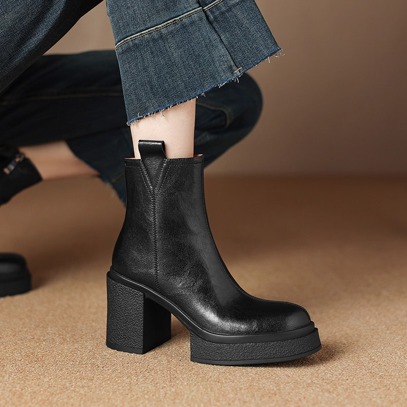 2025秋冬新款真皮粗跟防水台靴子英伦风厚底高跟短靴小个子马丁靴,淘宝优惠券,粉丝福利购,淘宝优惠卷