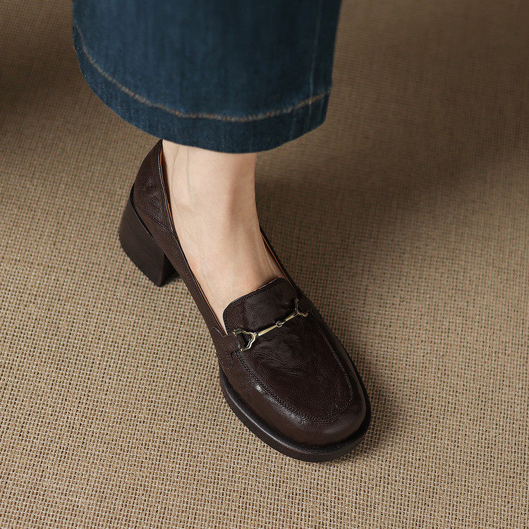 英伦复古风真皮乐福鞋女圆头粗跟一脚蹬小皮鞋百搭日常通勤单鞋女,淘宝优惠券,粉丝福利购,淘宝优惠卷